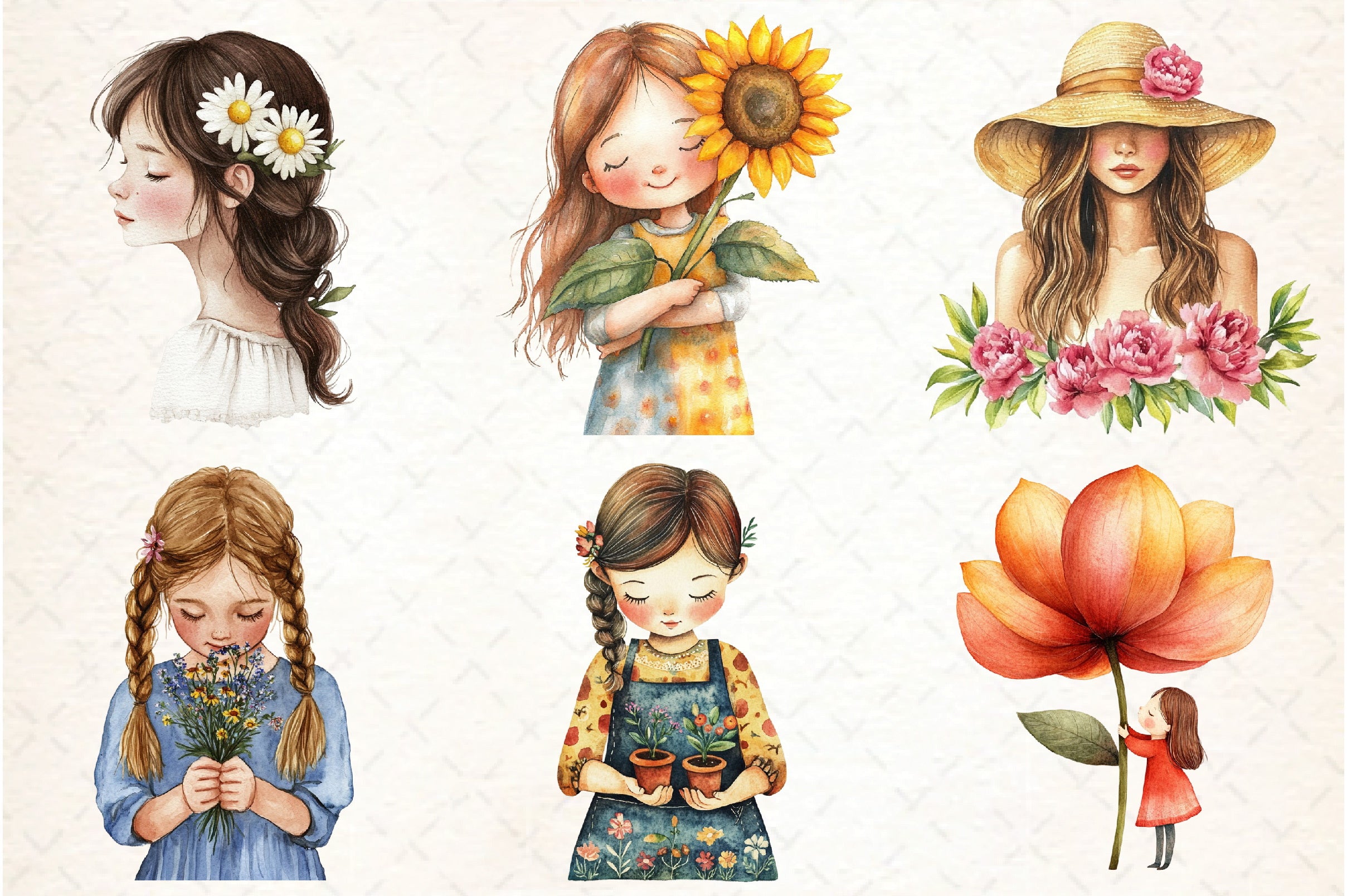Cute Girl with Flowers Clipart Bundle