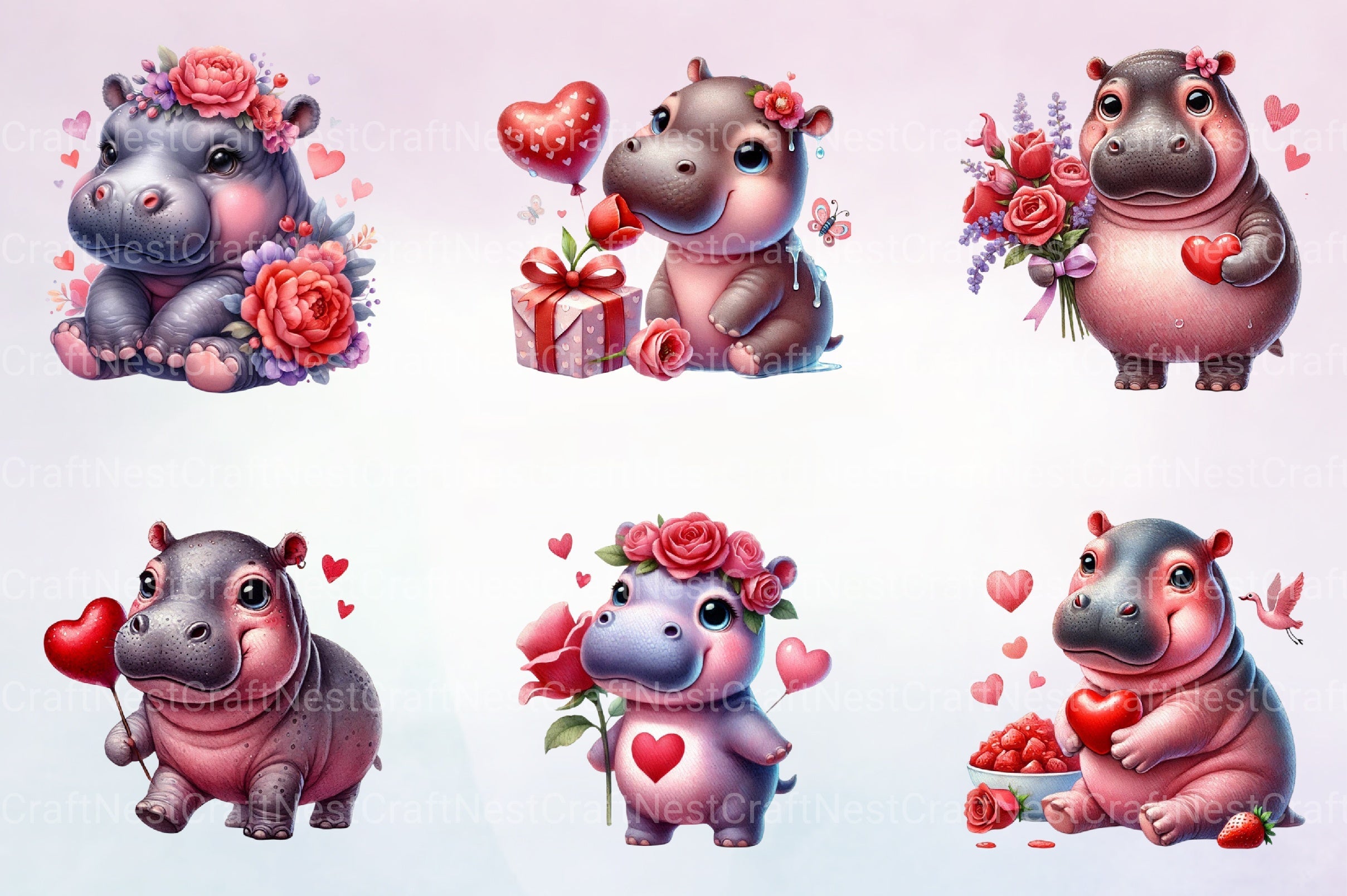 Valentine Hippo Clipart Bundle