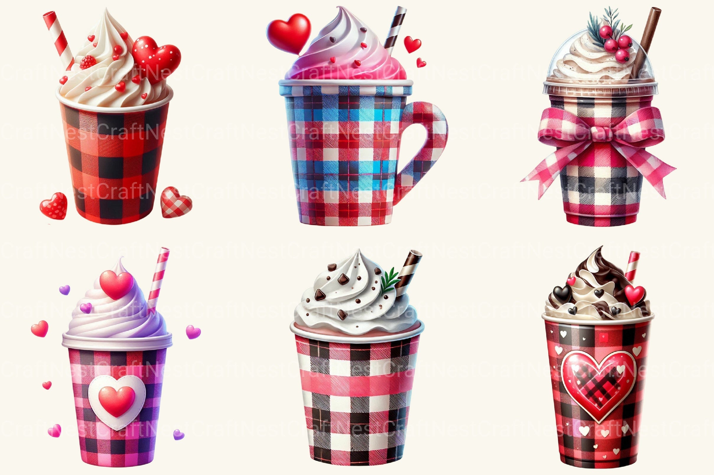 Valentine Plaid Coffee Cup Clipart Bundle
