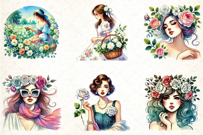 Spring White Roses & Woman Clipart Bundle 1 - CraftNest - Digital Crafting and Art