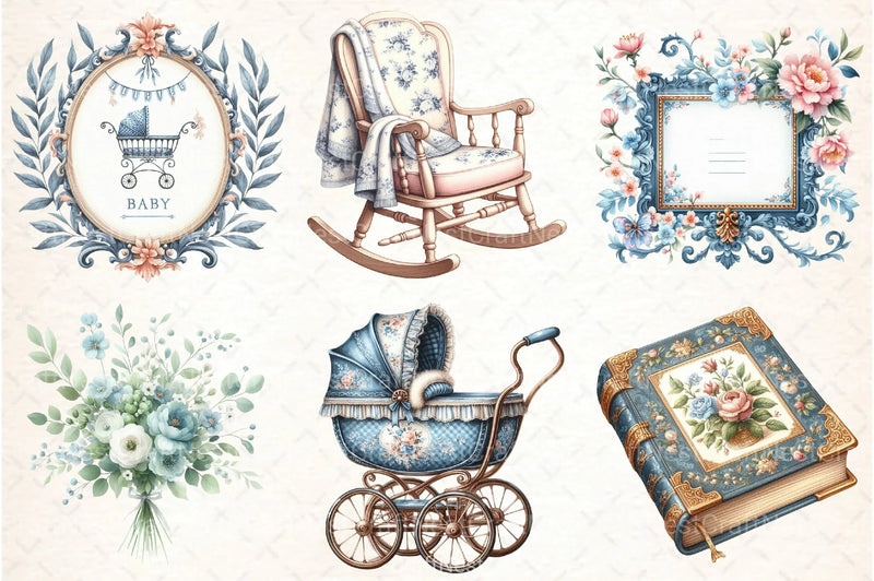 Blue Toile Baby Clipart Bundle - CraftNest - Digital Crafting and Art