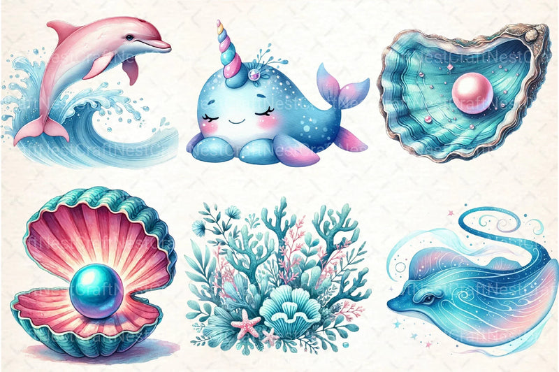Blue & Pink Sea Life Clipart Bundle - CraftNest - Digital Crafting and Art