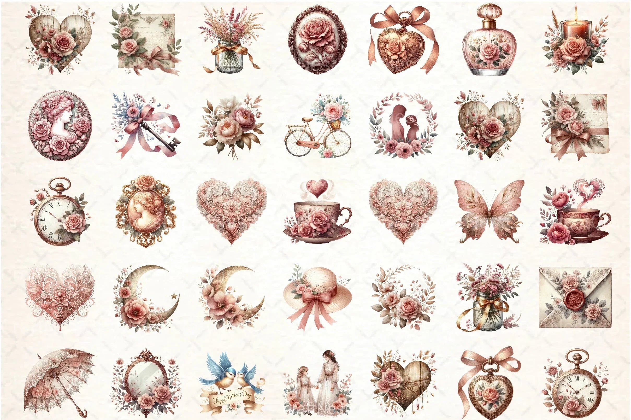 Vintage Dusty Rose Mother's Day Clipart Bundle - CraftNest - Digital Crafting and Art