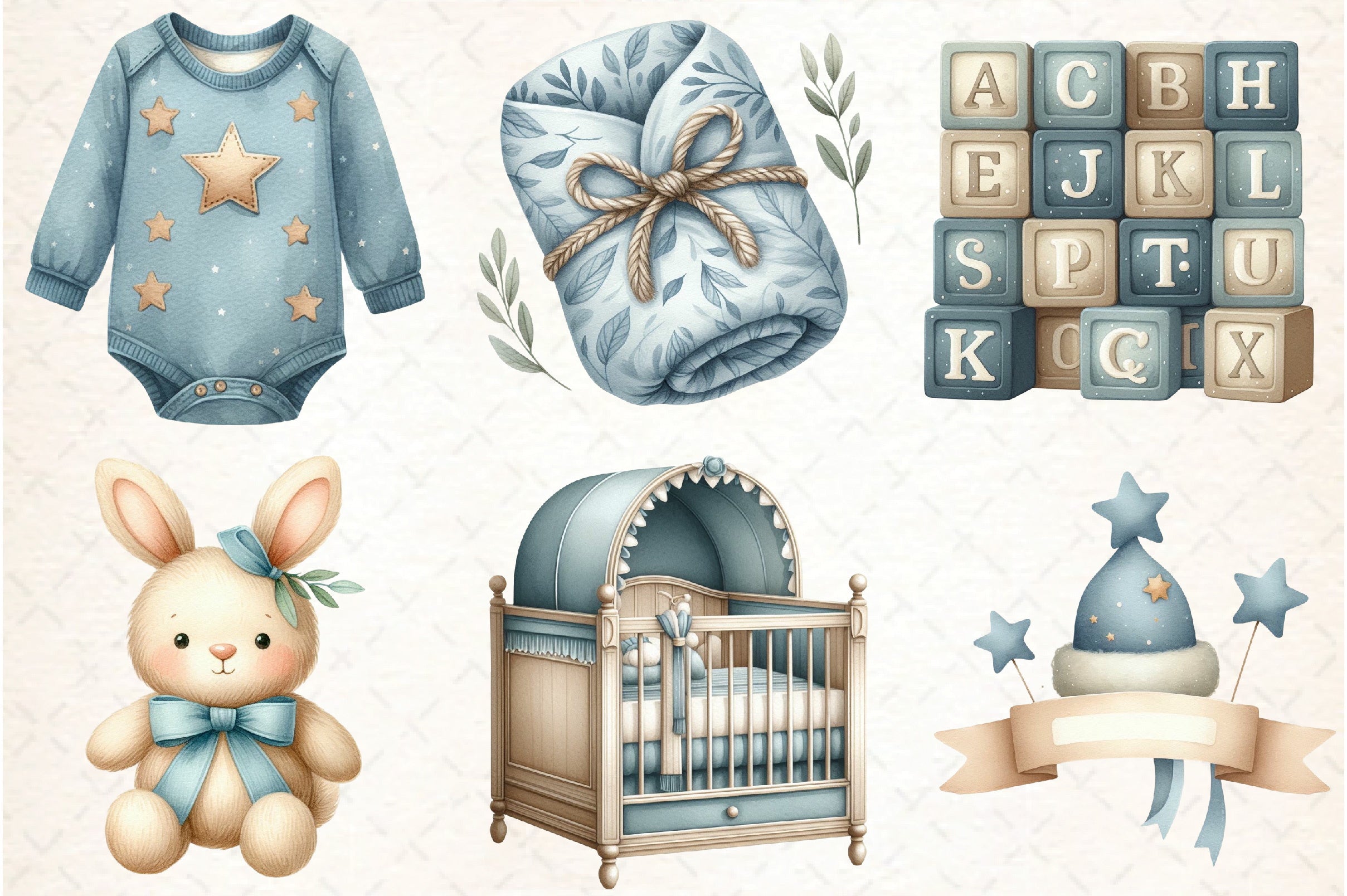 Dusty Blue Beige Baby Nursery Clipart Bundle