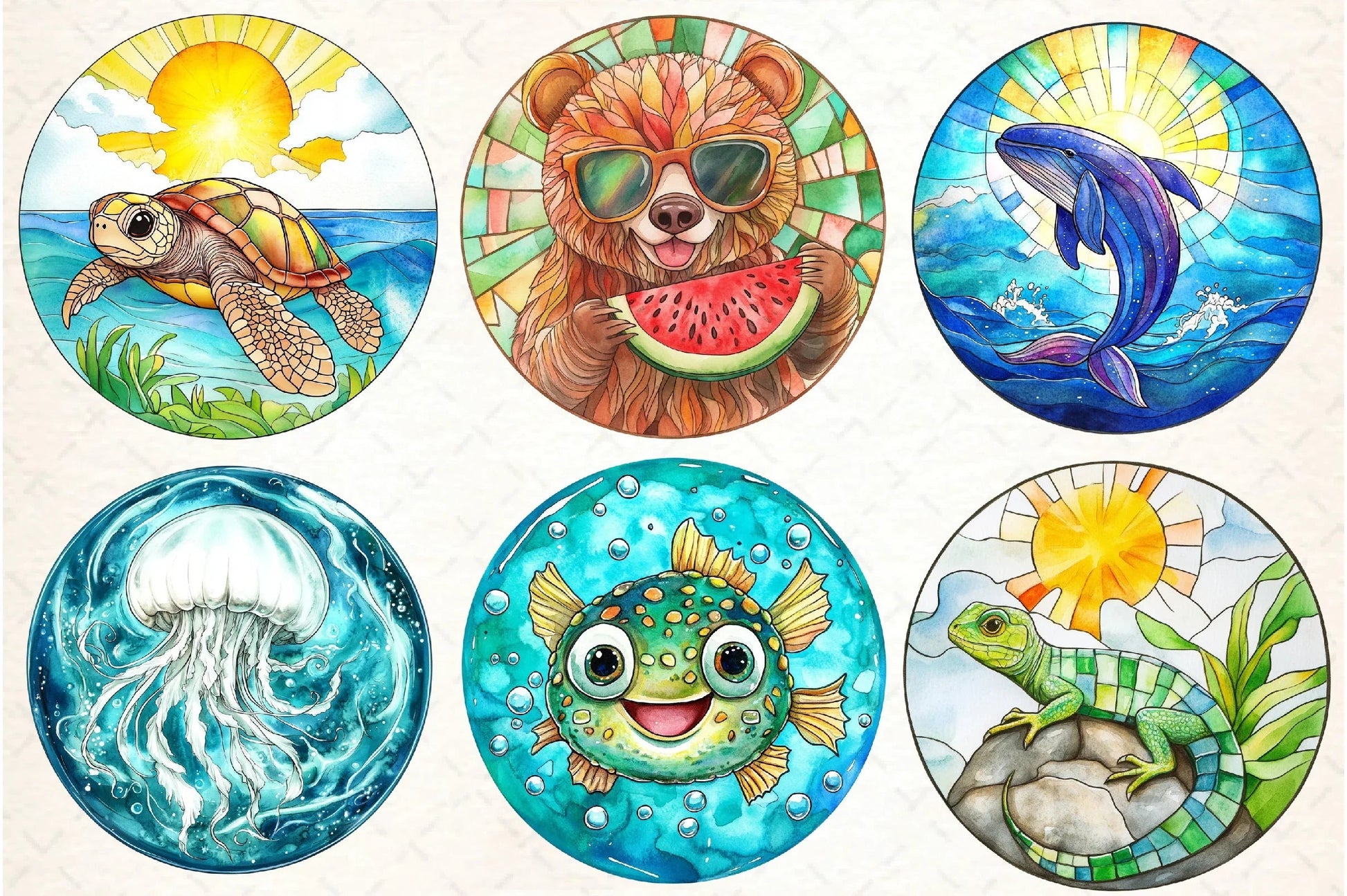 Round Stained Glass Summer Animals Clipart Bundle - CraftNest - Digital Crafting and Art