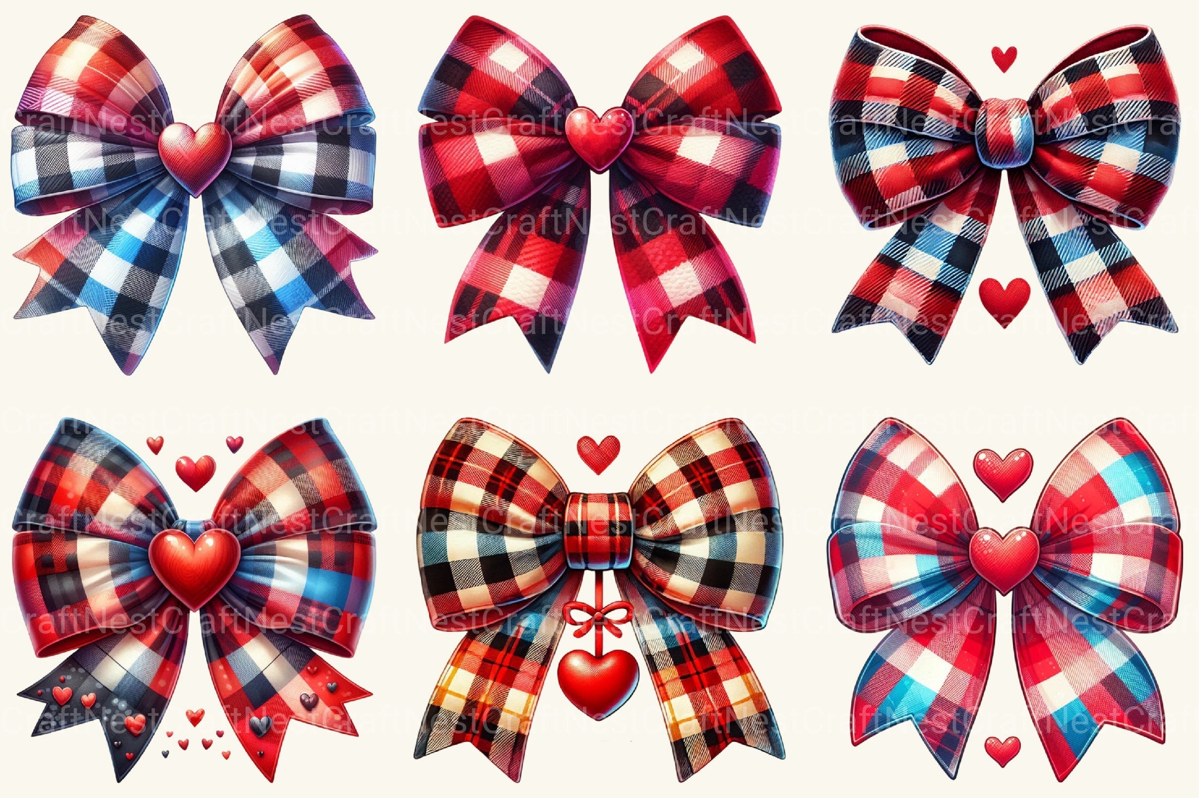 Valentine Buffalo Plaid Bow Clipart Bundle