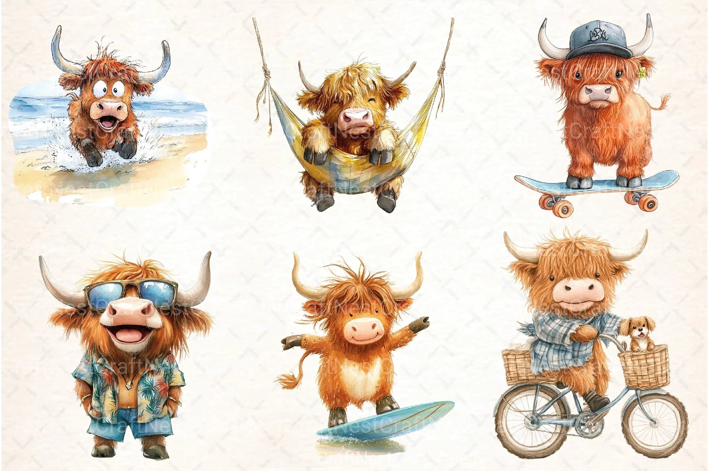 Summer Funny Cute Highland Cow Clipart Bundle - CraftNest - Digital Crafting and Art