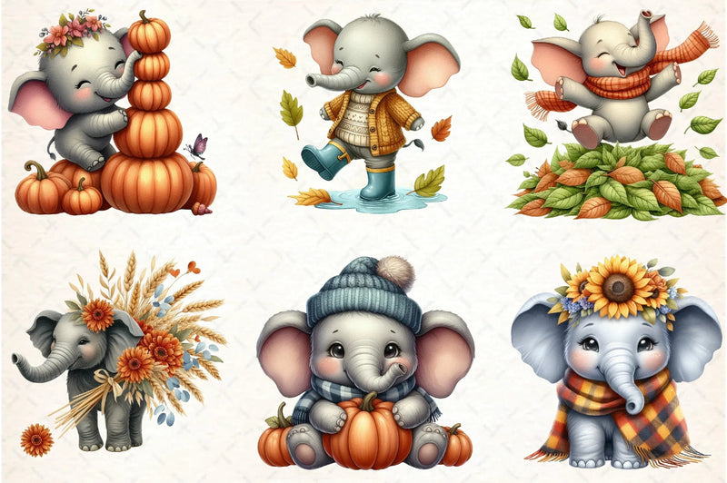 Cute Autumn Elephant Clipart Bundle - CraftNest - Digital Crafting and Art