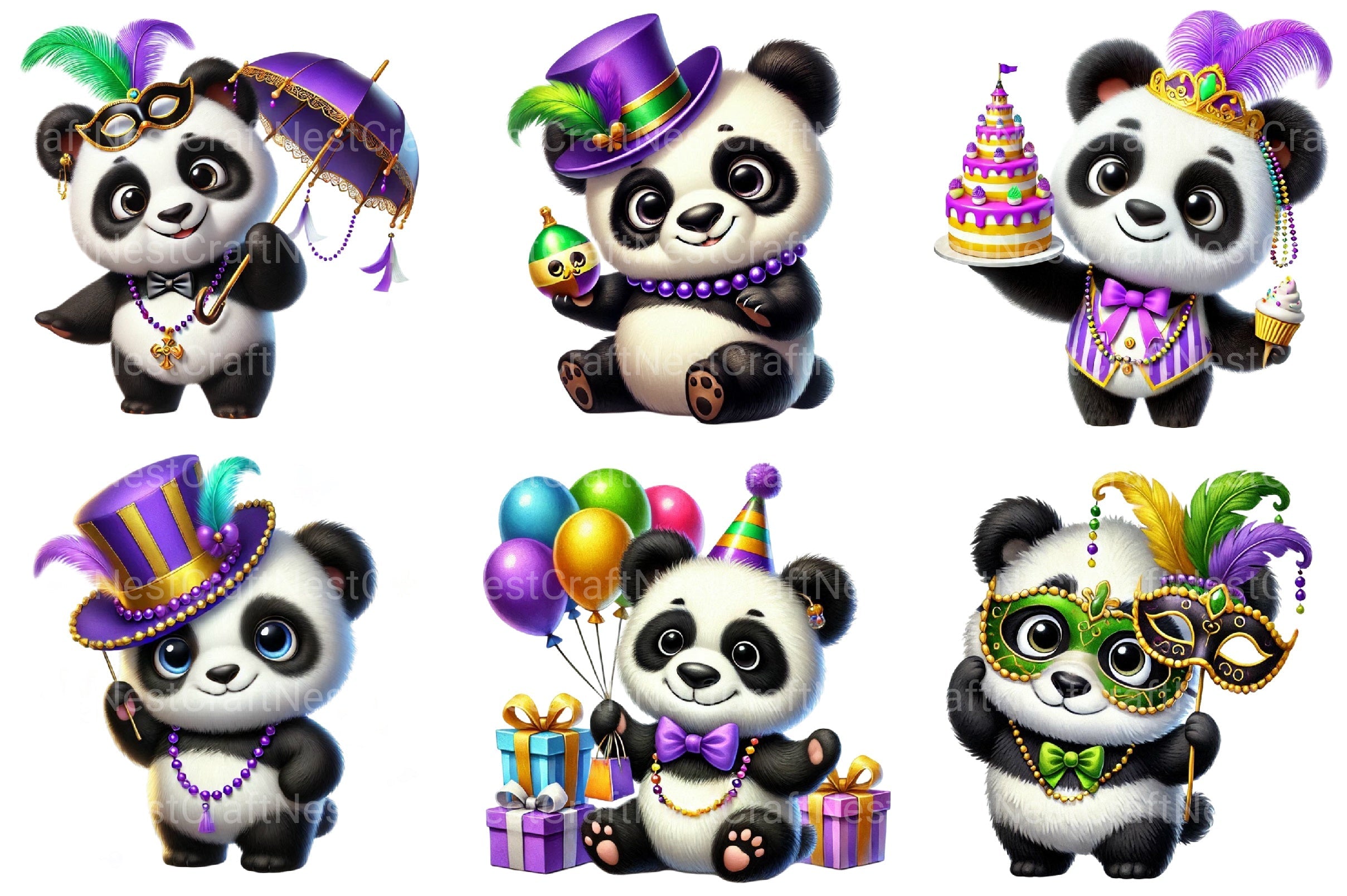 Mardi Gras Panda Clipart Bundle