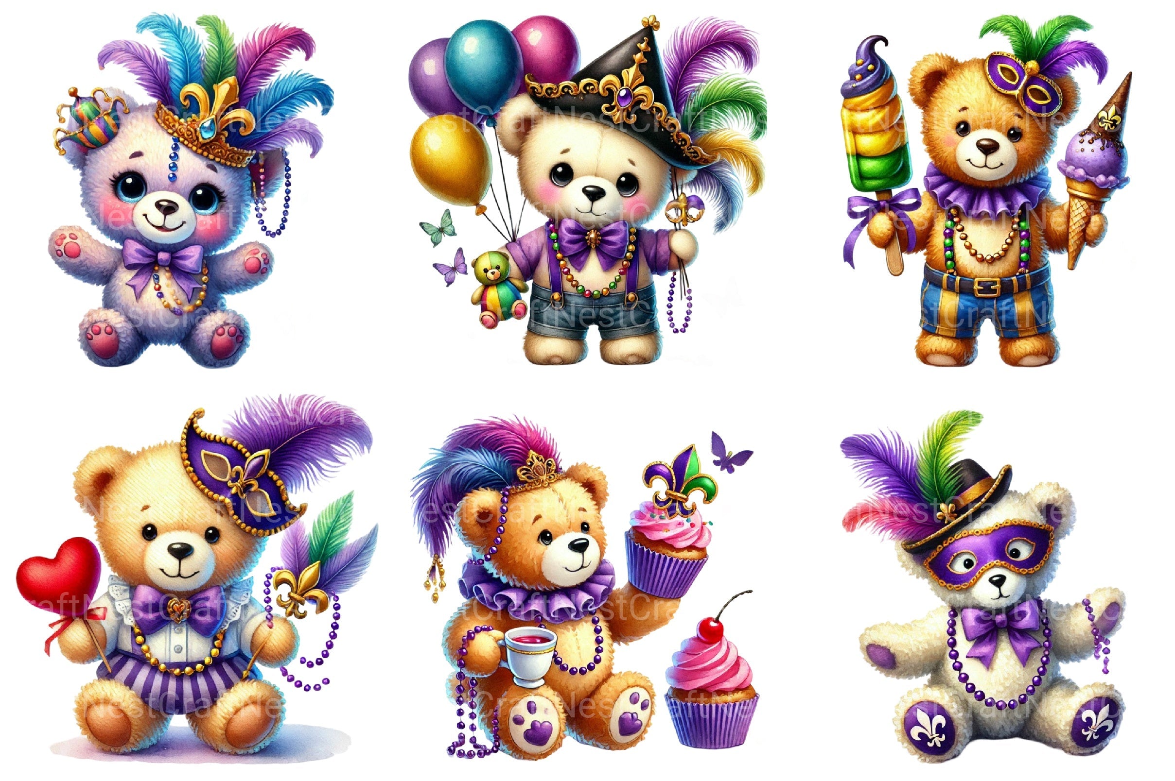 Mardi Gras Teddy Bear Clipart Bundle