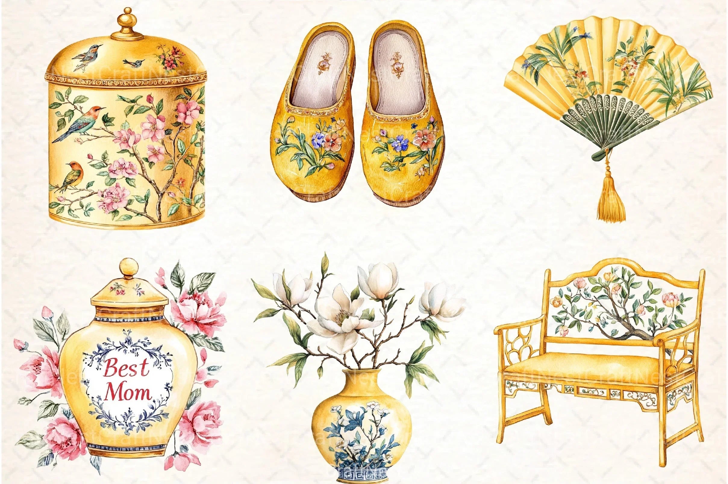Yellow Chinoiserie Mother's Day Clipart Bundle 3 - CraftNest - Digital Crafting and Art