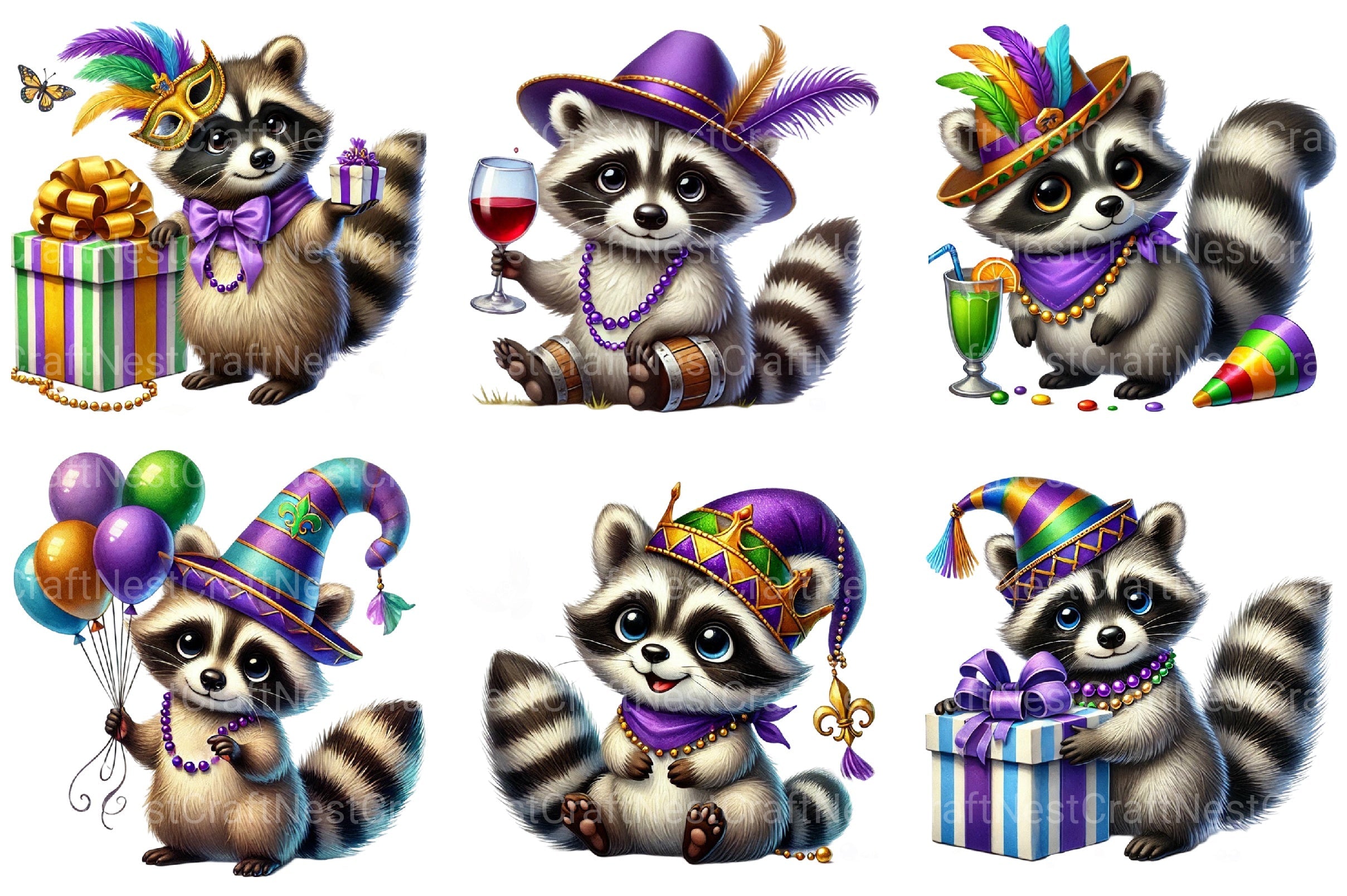 Mardi Gras Raccoon Clipart Bundle 1
