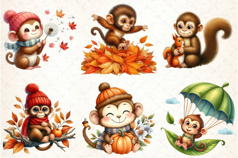 Cute Autumn Monkey Clipart Bundle - CraftNest - Digital Crafting and Art