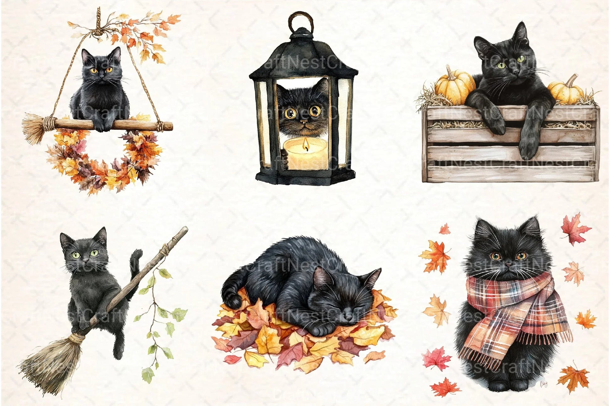 Fall Autumn Black Cat Clipart Bundle 1 - CraftNest - Digital Crafting and Art