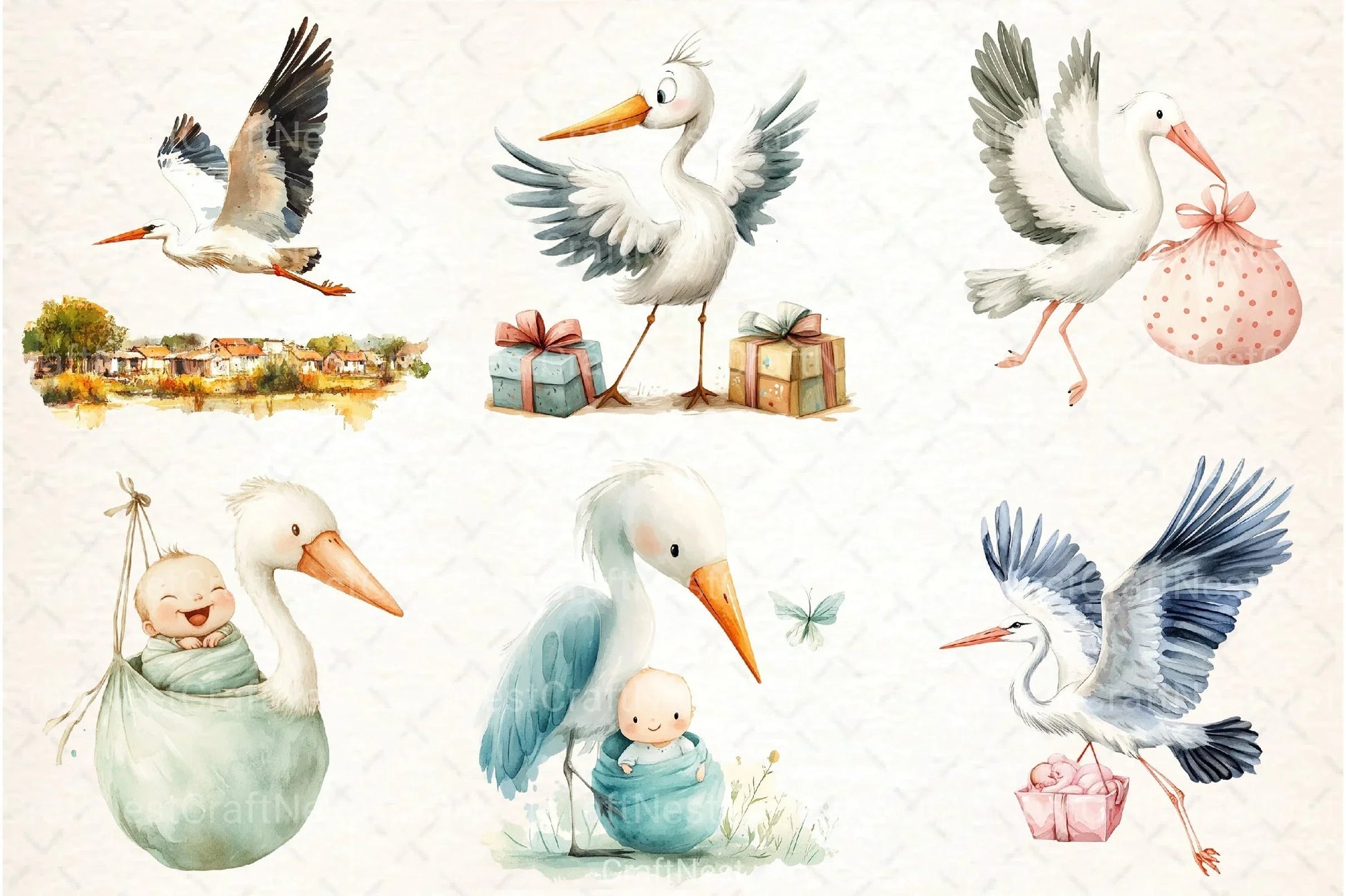 Stork Baby Delivery Clipart Bundle 2 - CraftNest - Digital Crafting and Art