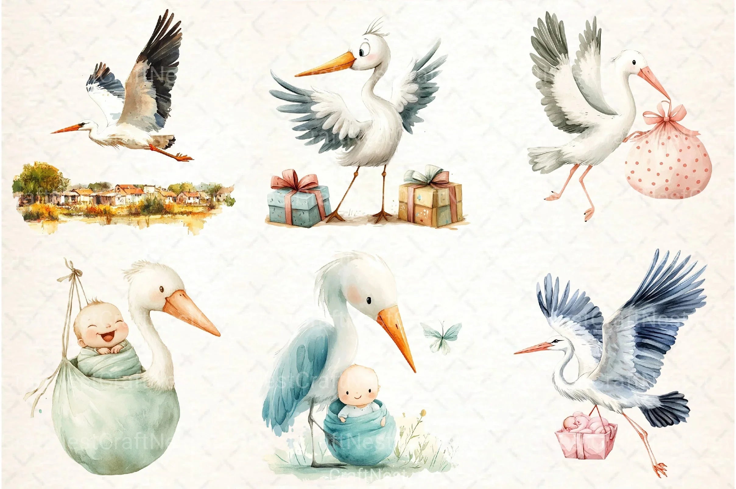 Stork Baby Delivery Clipart Bundle 2 - CraftNest - Digital Crafting and Art