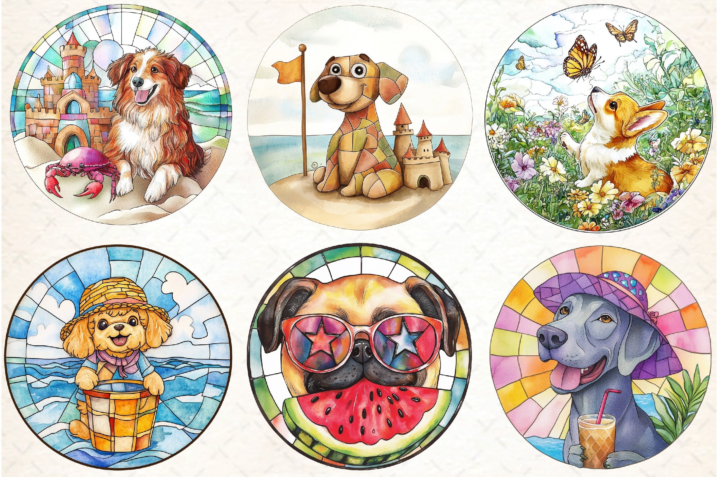 Round Stained Glass Summer Dog Clipart Bundle