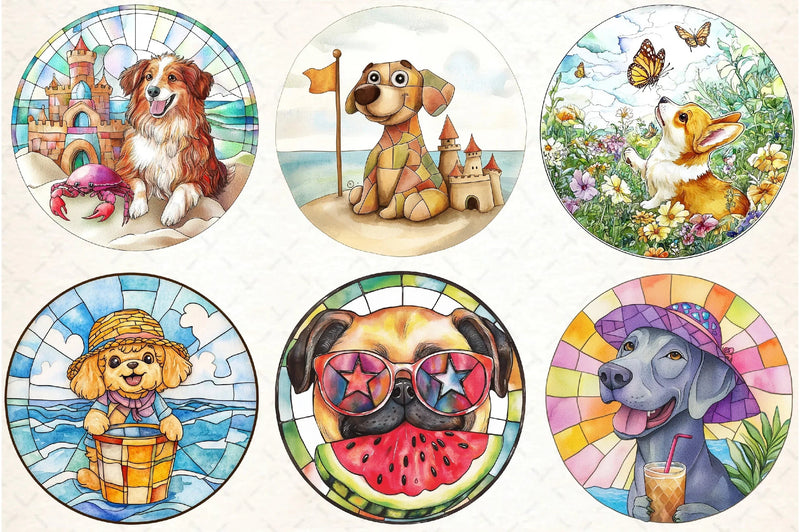 Round Stained Glass Summer Dog Clipart Bundle - CraftNest - Digital Crafting and Art