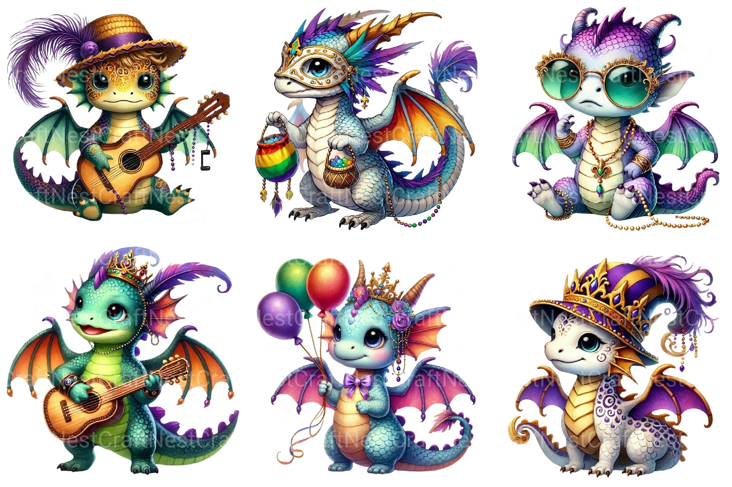 Mardi Gras Baby Dragon Clipart Bundle 2