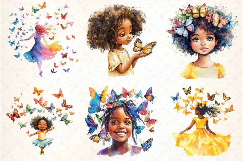 African American Girl with Butterflies Clipart Bundle - CraftNest - Digital Crafting and Art