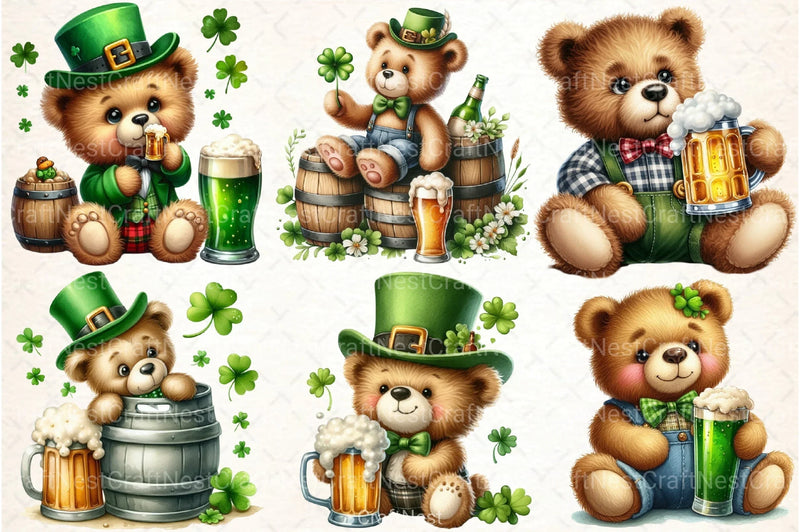St. Patrick's Day Teddy Bear Drinking Beer Clipart Bundle - CraftNest - Digital Crafting and Art