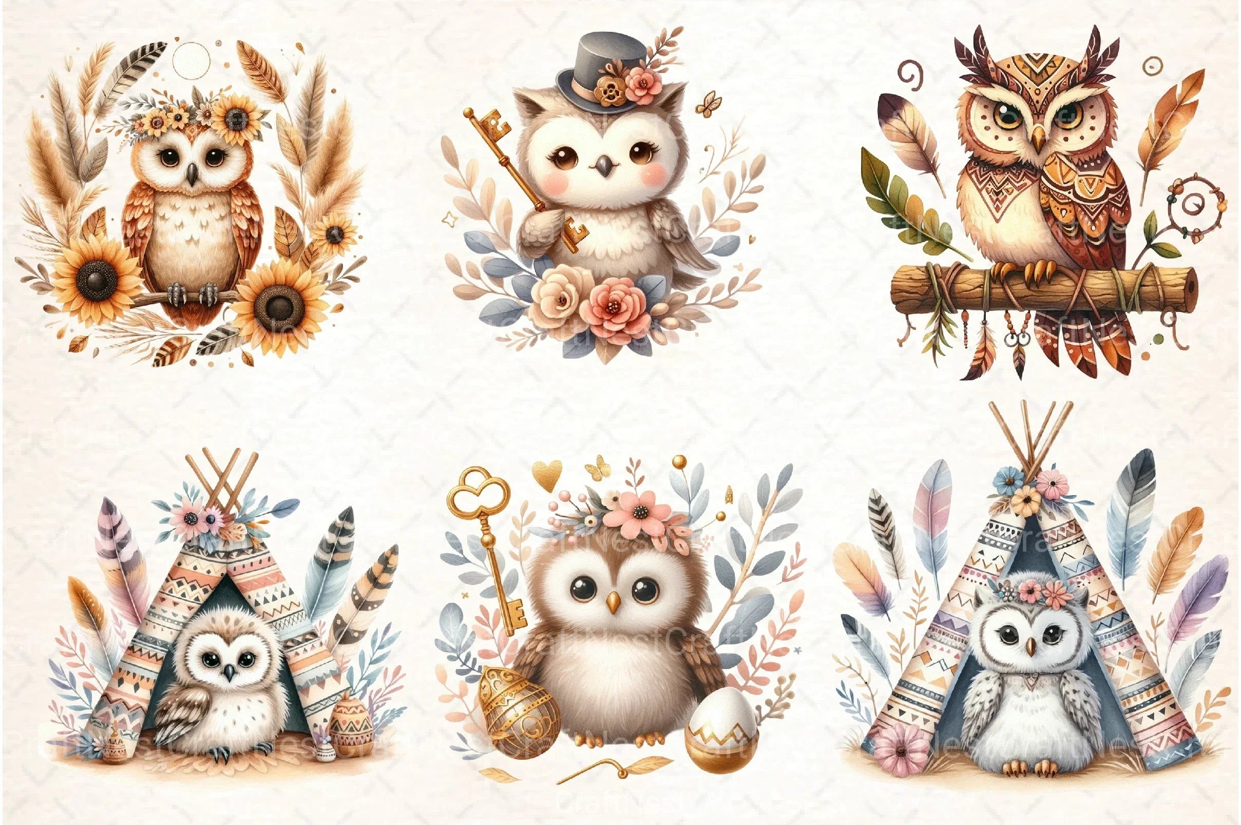 Boho Owl Clipart Bundle 99 - CraftNest - Digital Crafting and Art