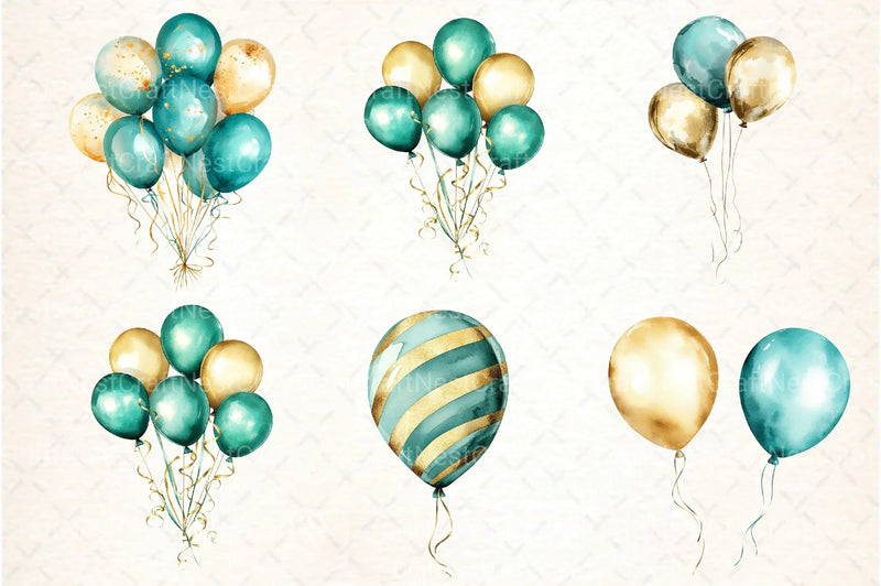 Teal and Gold Balloons Clipart Bundle - CraftNest - Digital Crafting and Art