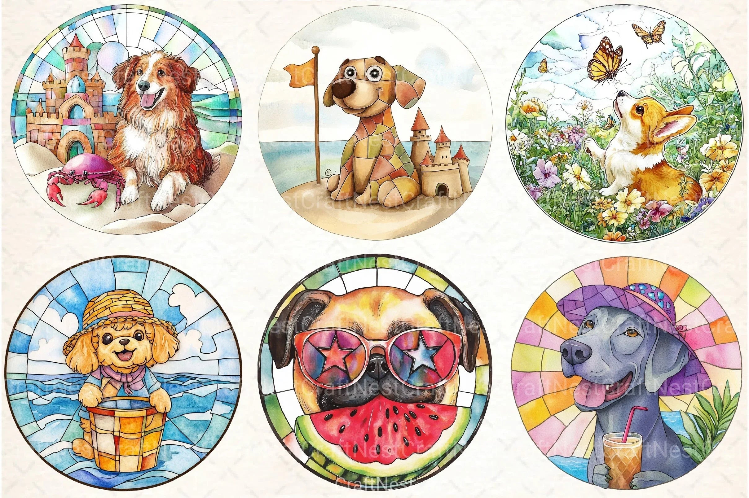 Round Stained Glass Summer Dog Clipart Bundle - CraftNest - Digital Crafting and Art