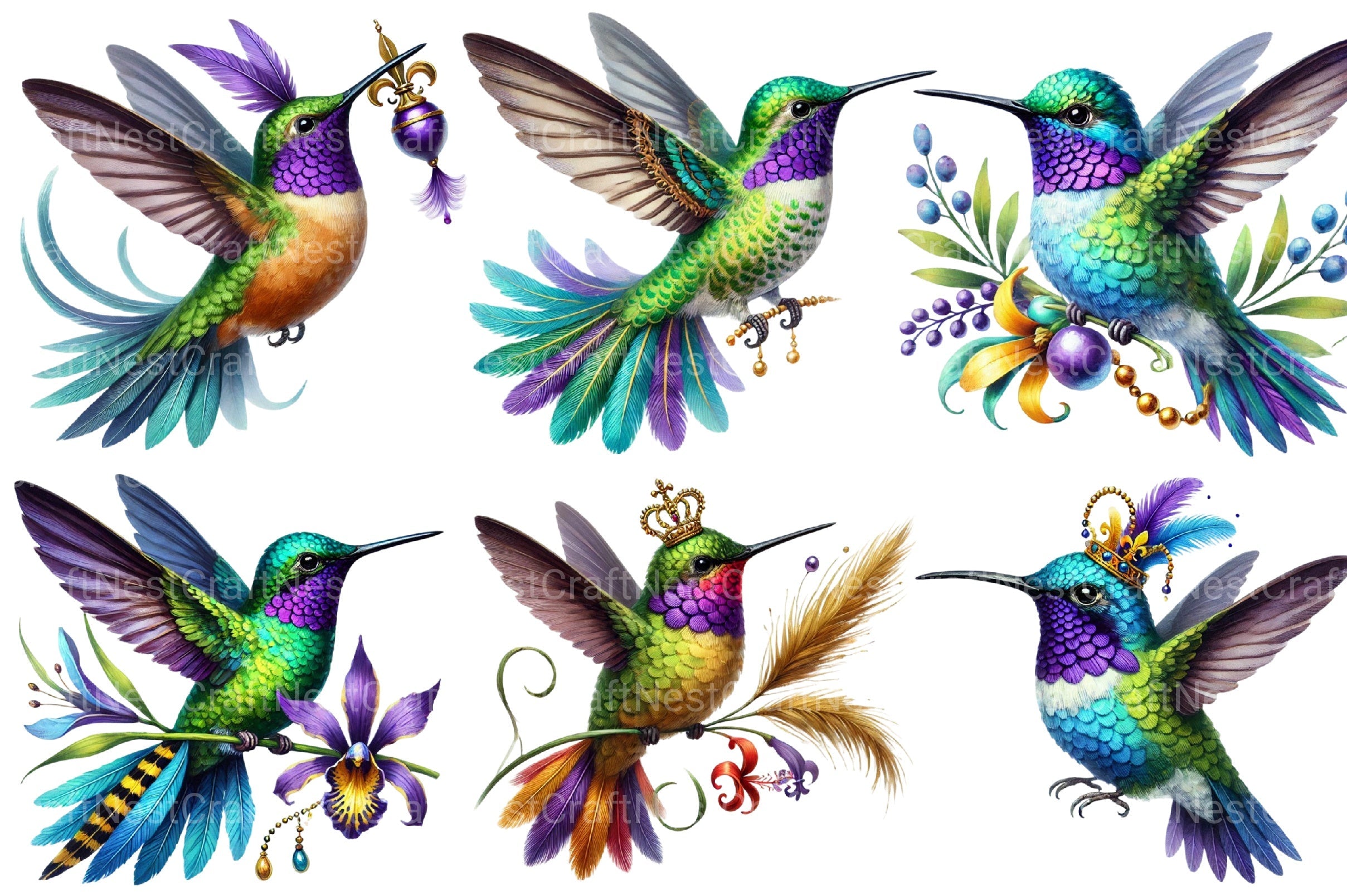 Mardi Gras Hummingbird Clipart Bundle