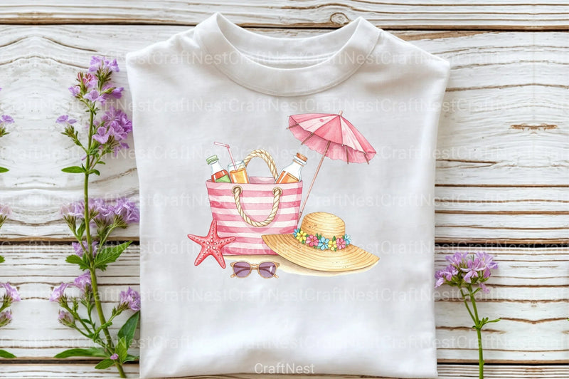 Pink Striped Beach Bag with Drinks Clipart Bundle - CraftNest - Digital Crafting and Art