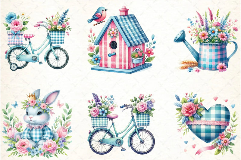 Blue & Pink Gingham Spring Clipart Bundle 7 - CraftNest - Digital Crafting and Art