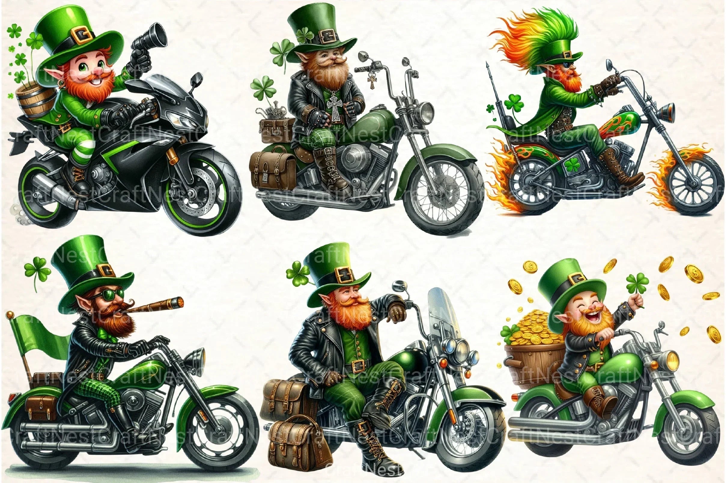 St. Patrick's Day Leprechaun Biker Clipart Bundle - CraftNest - Digital Crafting and Art