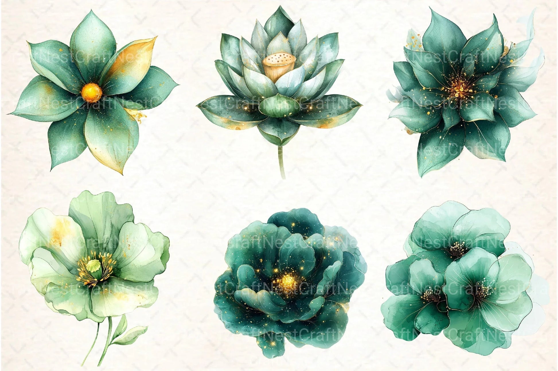 Abstract Green Gold Flower Clipart Bundle - CraftNest - Digital Crafting and Art