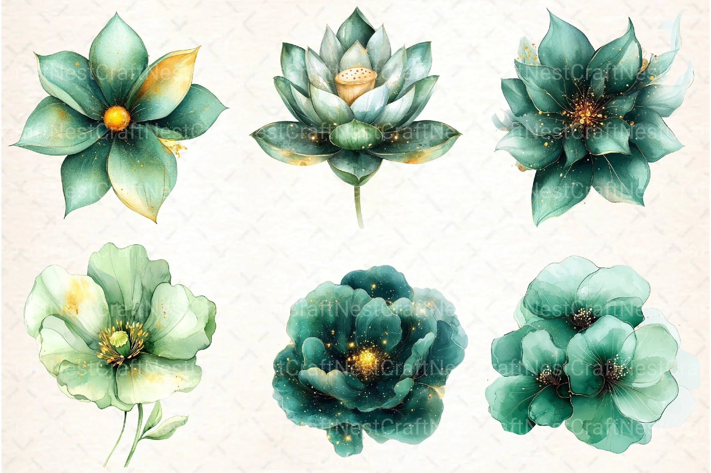 Abstract Green Gold Flower Clipart Bundle - CraftNest - Digital Crafting and Art