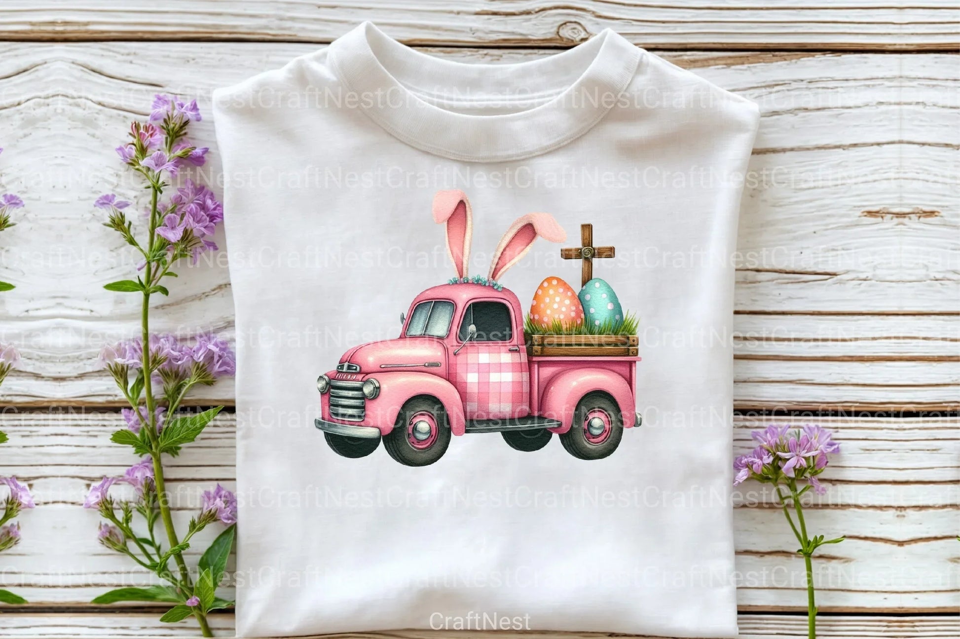 Pink Checkered Truck with Bunny Ears Clipart Bundle 1 - CraftNest - Digital Crafting and Art
