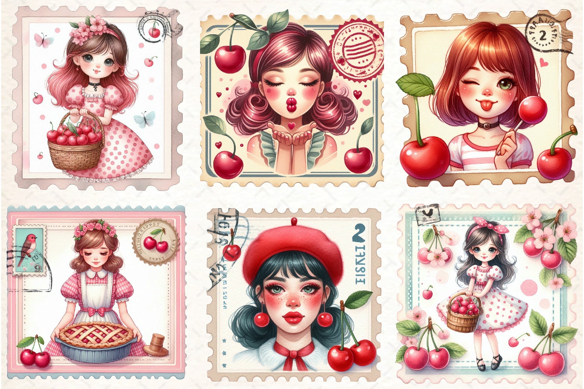 Cherry Girl Postage Stamps Clipart Bundle