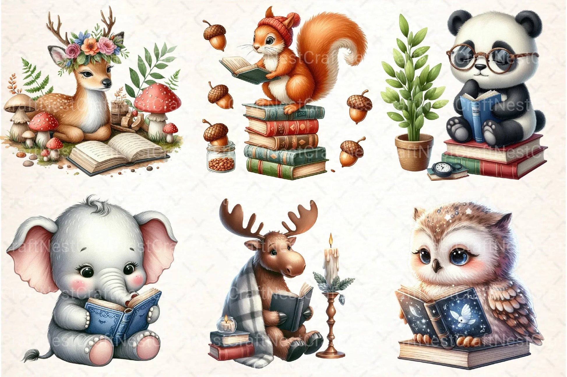 Animals Reading Books Clipart Bundle - CraftNest - Digital Crafting and Art
