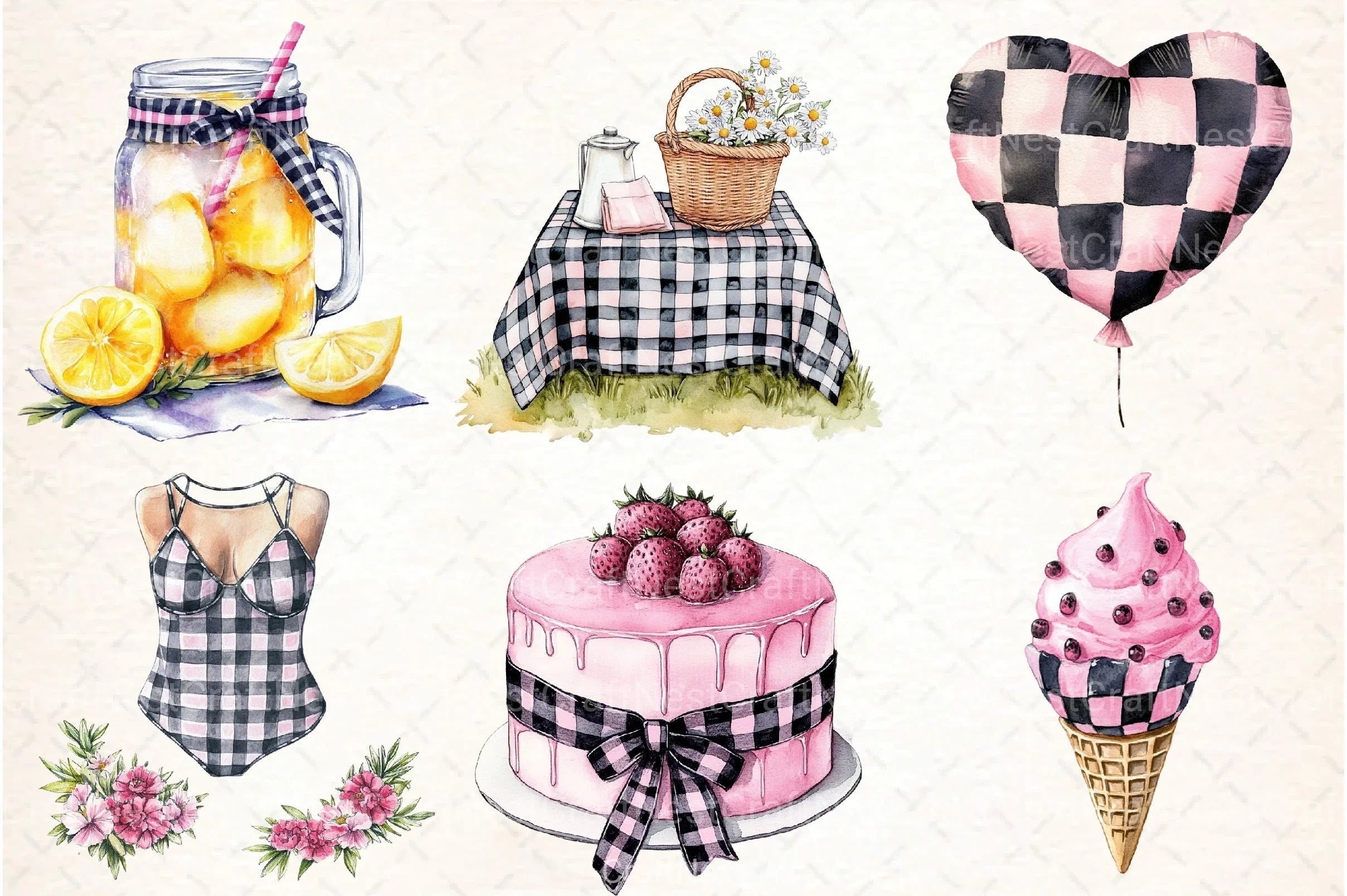 Black and Pink Gingham Summer Clipart Bundle 2 - CraftNest - Digital Crafting and Art