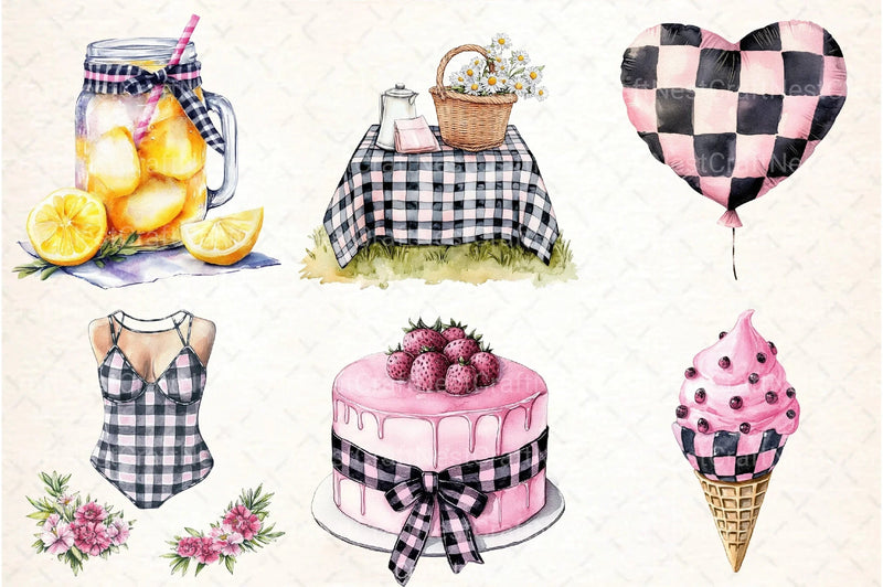 Black and Pink Gingham Summer Clipart Bundle 2 - CraftNest - Digital Crafting and Art