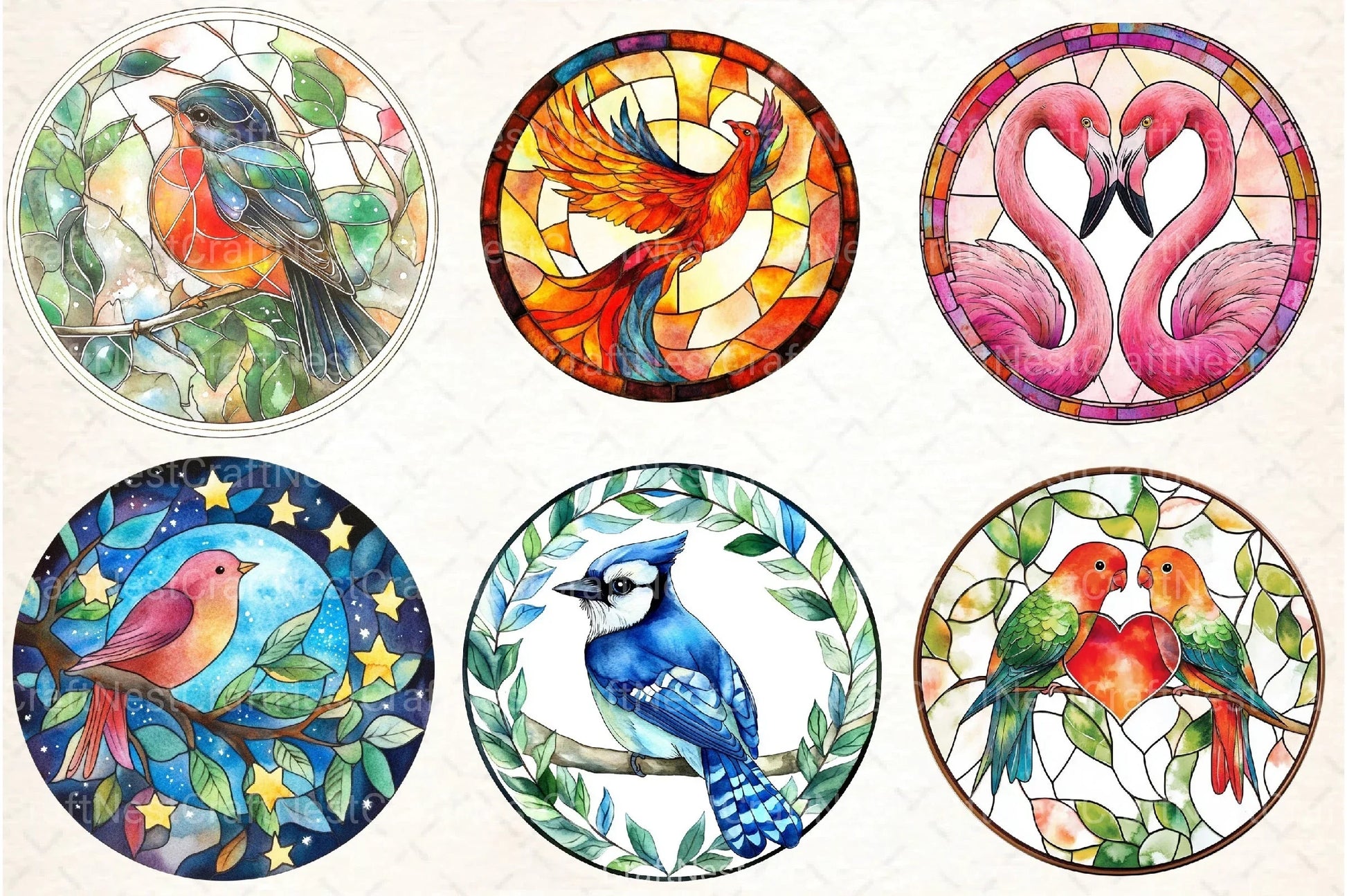 Round Stained Glass Birds Clipart Bundle 4 - CraftNest - Digital Crafting and Art