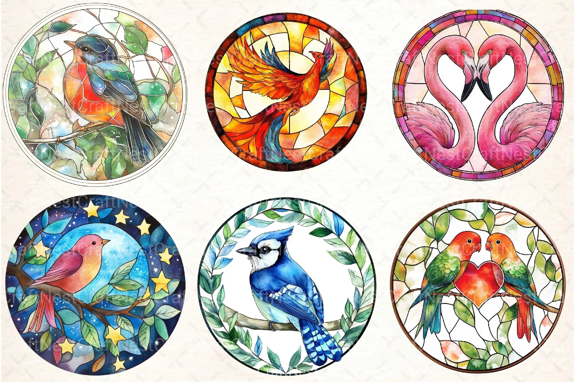 Round Stained Glass Birds Clipart Bundle 4 - CraftNest - Digital Crafting and Art