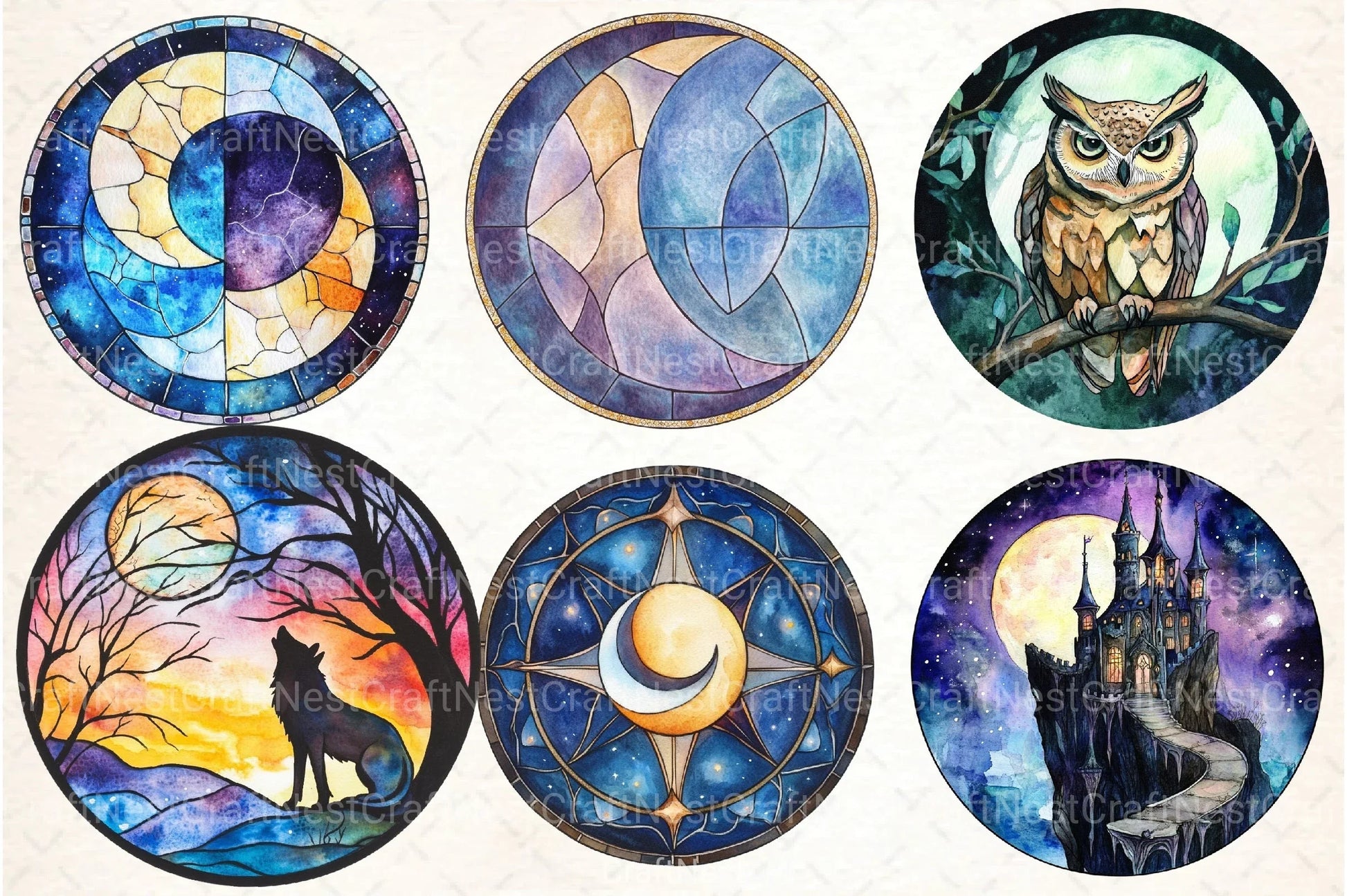 Round Moonlit Nights Stained Glass Clipart Bundle 4 - CraftNest - Digital Crafting and Art