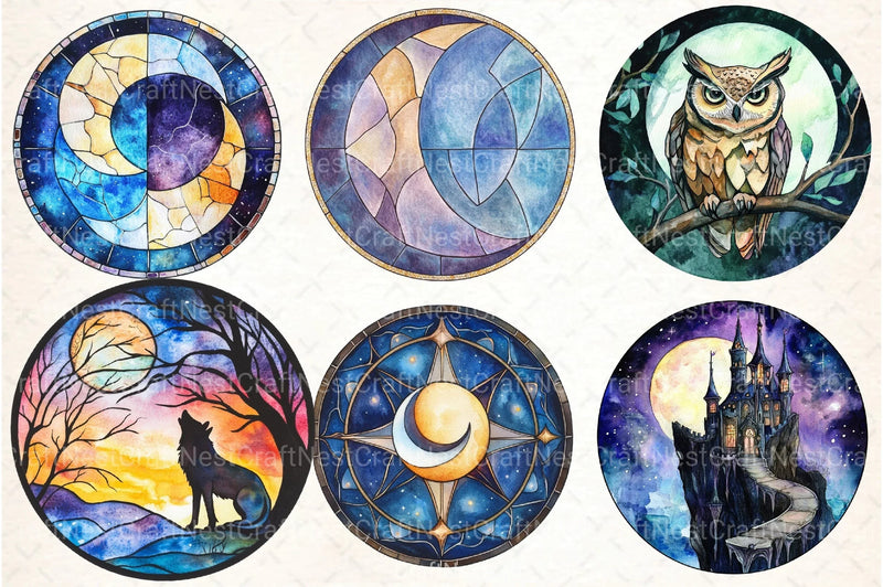 Round Moonlit Nights Stained Glass Clipart Bundle 4 - CraftNest - Digital Crafting and Art