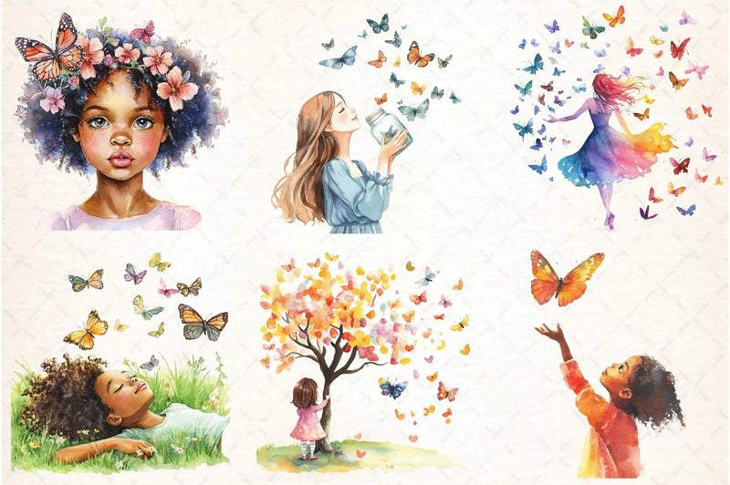 African American Girl with Butterflies Clipart Bundle - CraftNest - Digital Crafting and Art