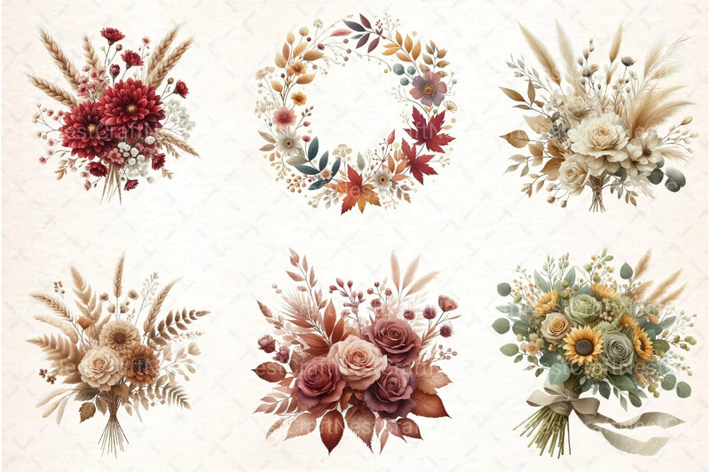 Fall Boho Bouquet Flower Clipart Bundle - CraftNest - Digital Crafting and Art