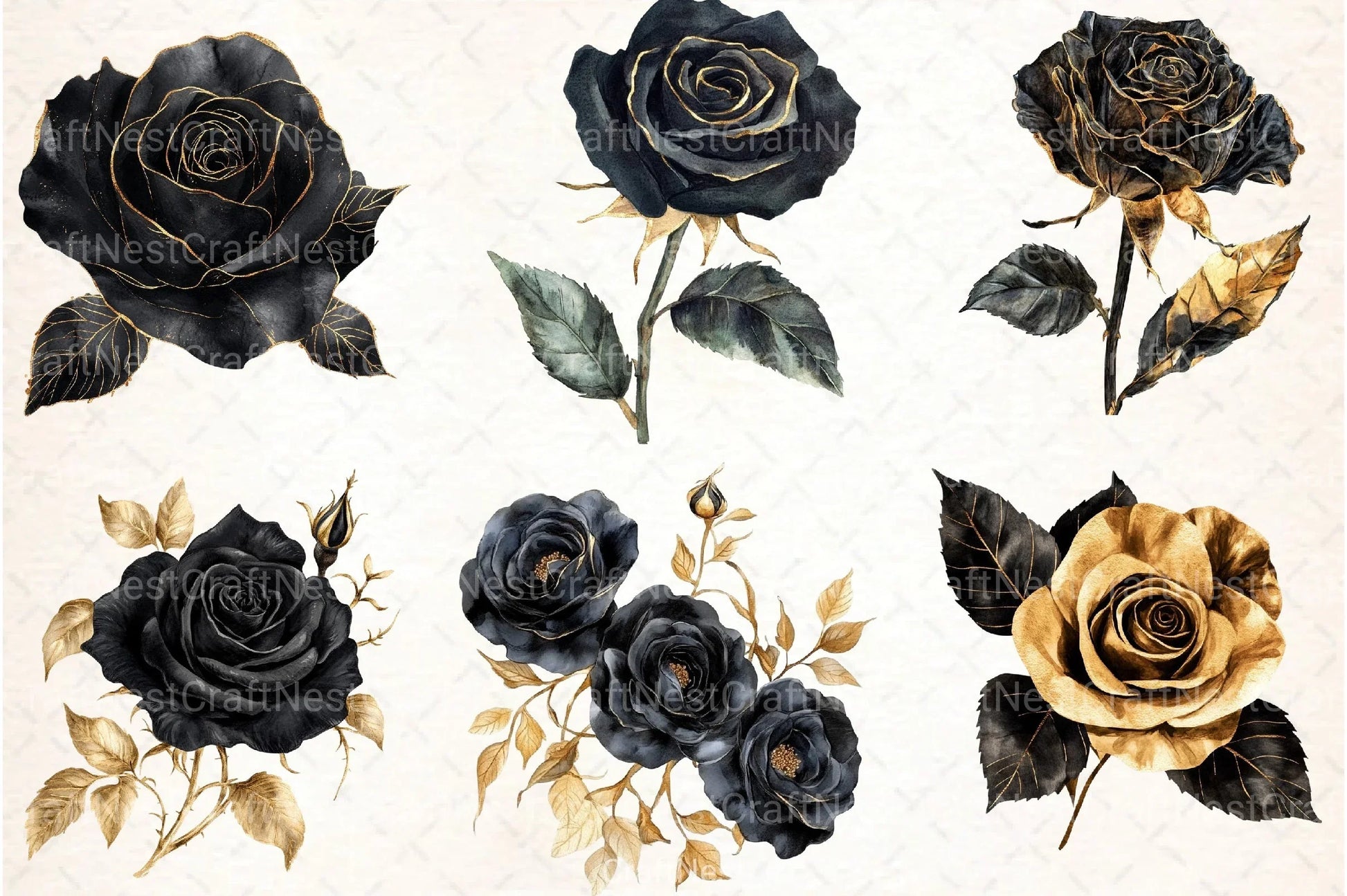Black and Gold Rose Clipart Bundle - CraftNest - Digital Crafting and Art