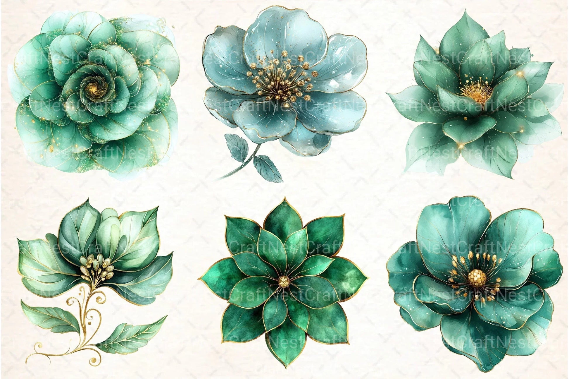 Abstract Green Gold Flower Clipart Bundle - CraftNest - Digital Crafting and Art