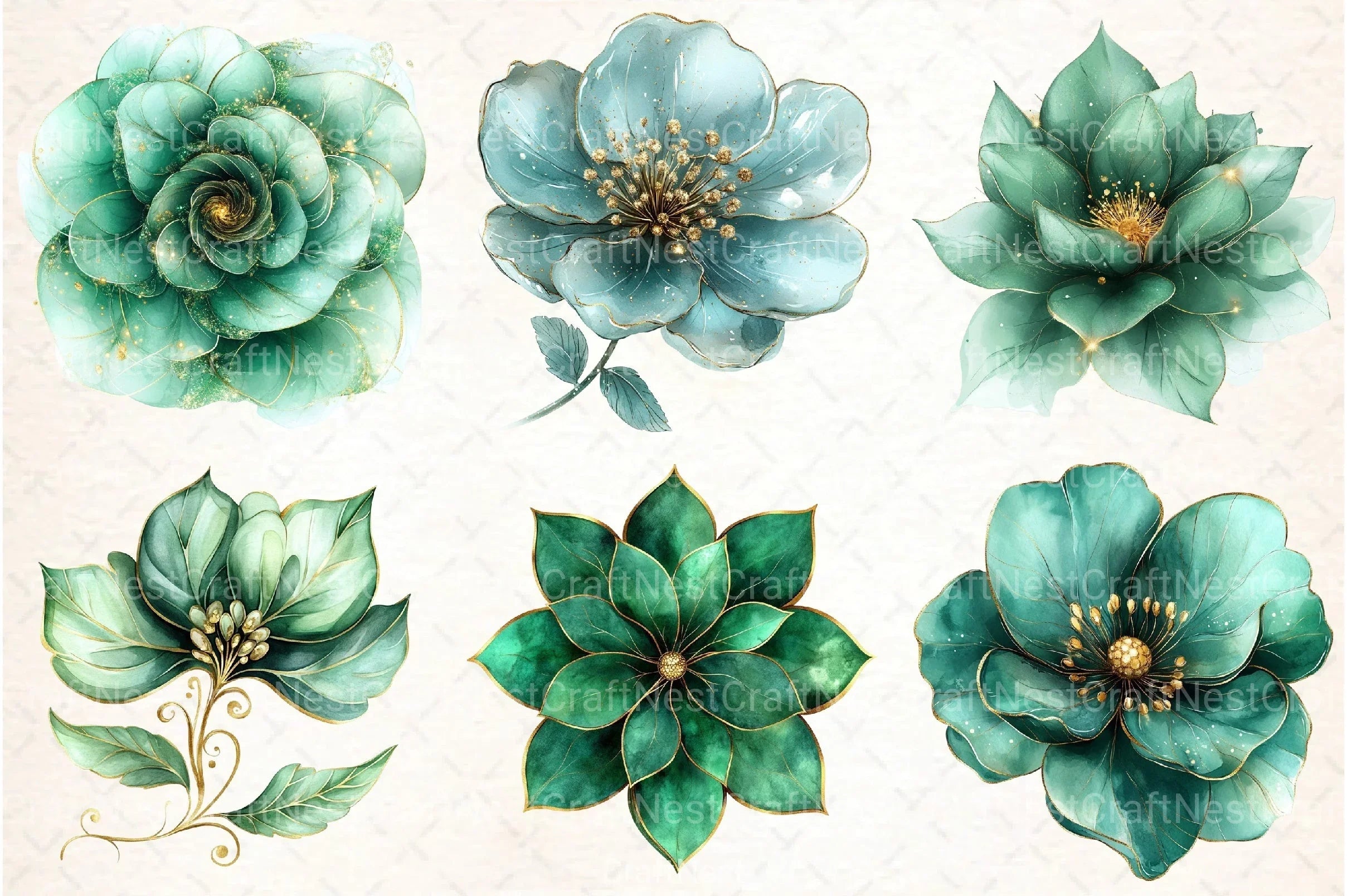 Abstract Green Gold Flower Clipart Bundle - CraftNest - Digital Crafting and Art
