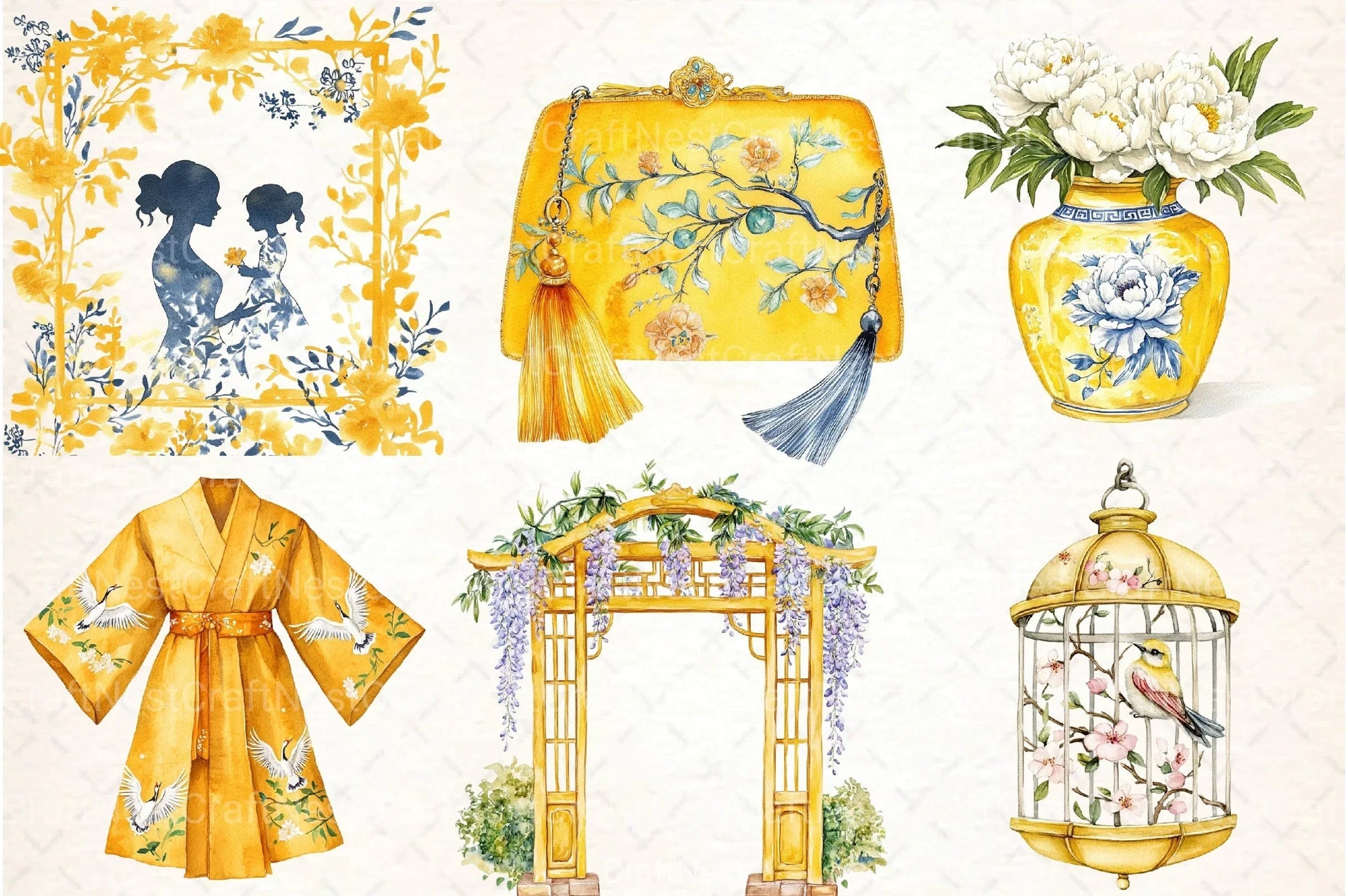 Yellow Chinoiserie Mother's Day Clipart Bundle 3 - CraftNest - Digital Crafting and Art