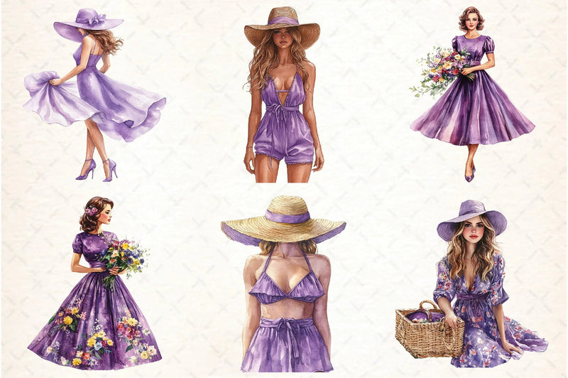 Purple Summer Vintage Woman Clipart Bundle - CraftNest - Digital Crafting and Art